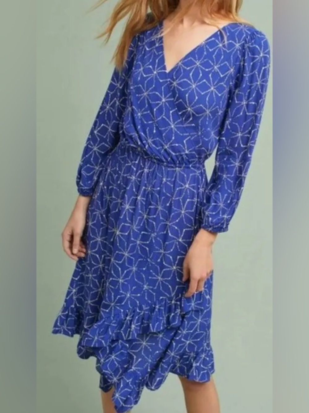 Anthropologie Plenty by Tracy Reese Blue Floral Wrap front a ruffle dress large